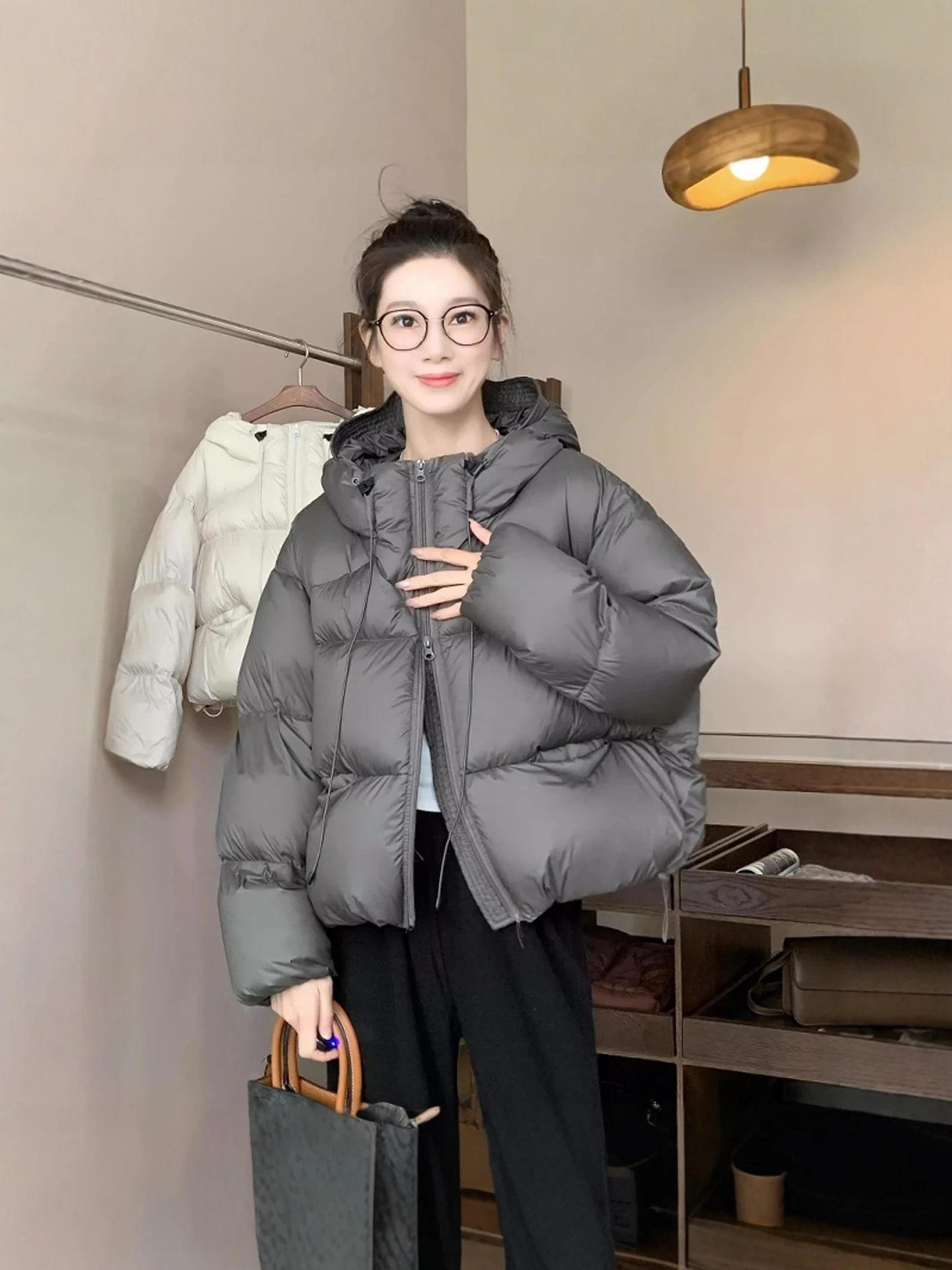 

Women's Puffy Hooded down Jaet ort Thi Design Spring Autumn Winter Faion Bread Clothes Outerwear Casual Streetwear