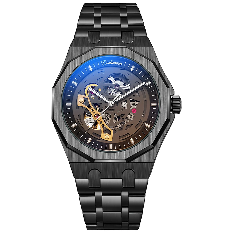 

Dulunwe Sports Automatic Mechanical Watch for Men Fashion 41mm large dial Cased Wristwatch with Silicone Strap Skeleton