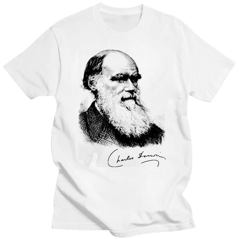 Simple Short-Sleeved Cotton T-Shirt Charles Darwin Portrait Signature Evolution Atheist Science T-shirt Tshirt Tee O-Neck Shirt