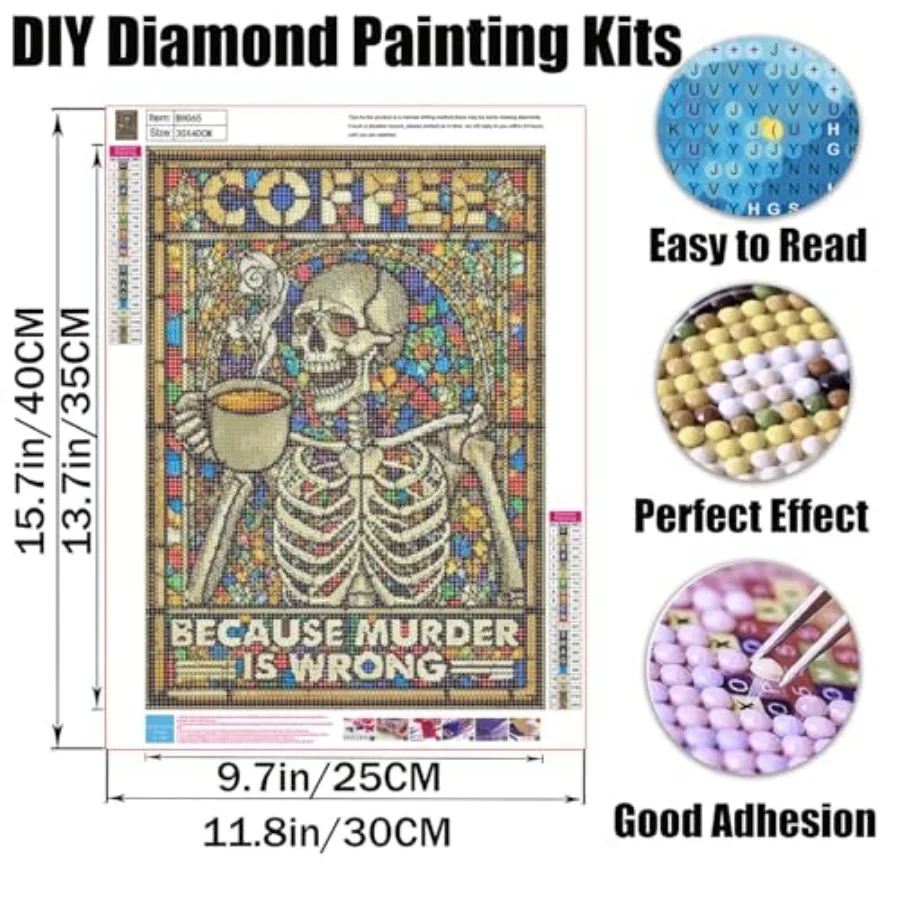 Skeleton Diamond Painting Kits for Adults Stained Glass with Coffee - 12x16 Inch Macabre Humor Art, Full Drill DIY Gothic Home