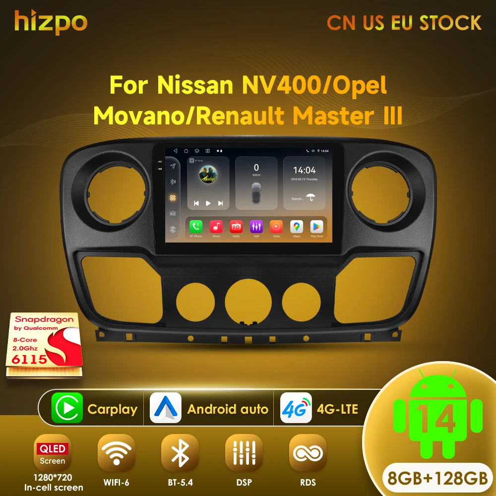 Hizpo Android 14 Carplay Car Radio For Nissan NV400 Opel Movano Renault Master lll 3 2010 - 2021 Stereo Receiver GPS 2din Navi