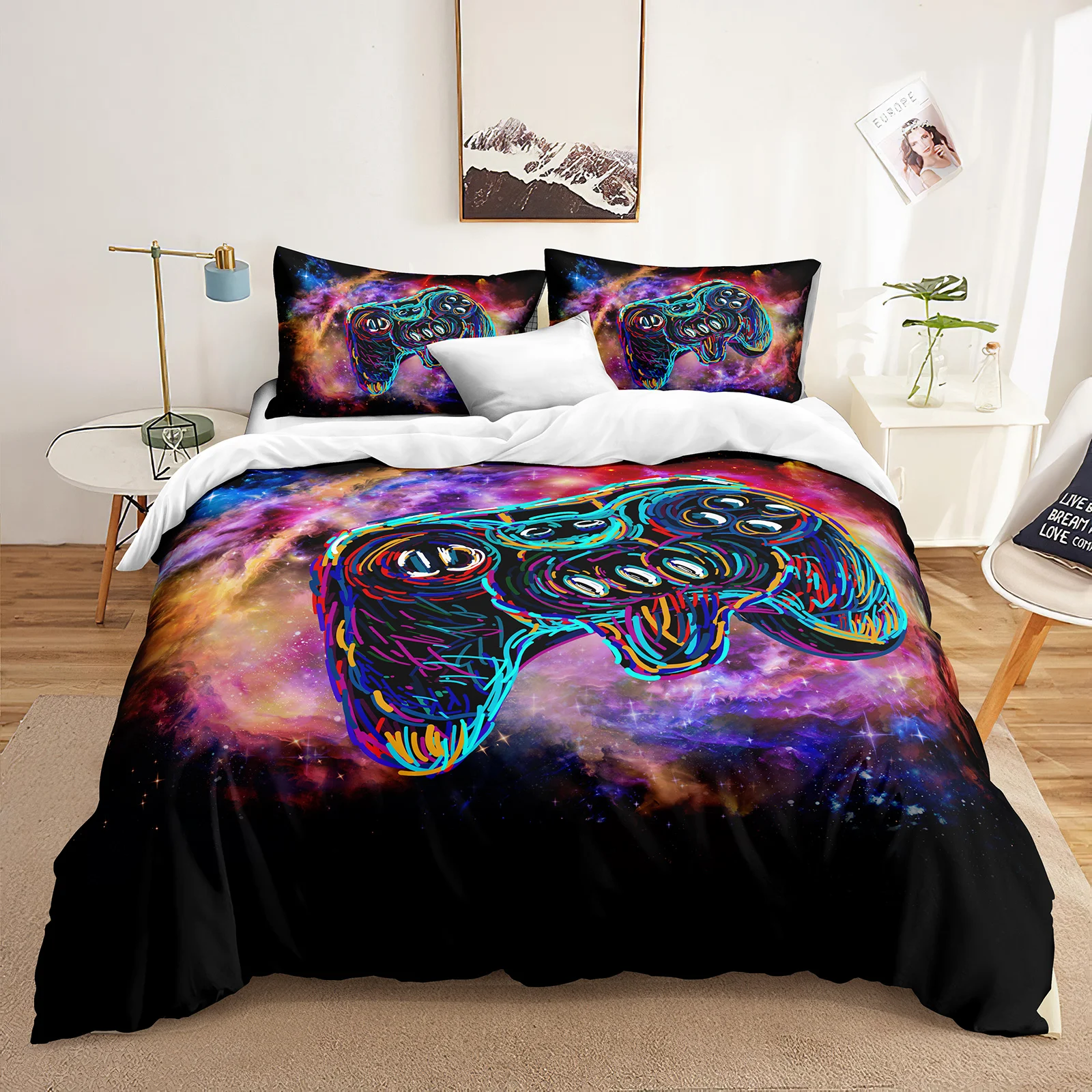 Black Game Duvet Cover Set Colorful Game Handle Printed Bedding Set Game Sport Quilt Cover Set Breathable with Zipper Closure