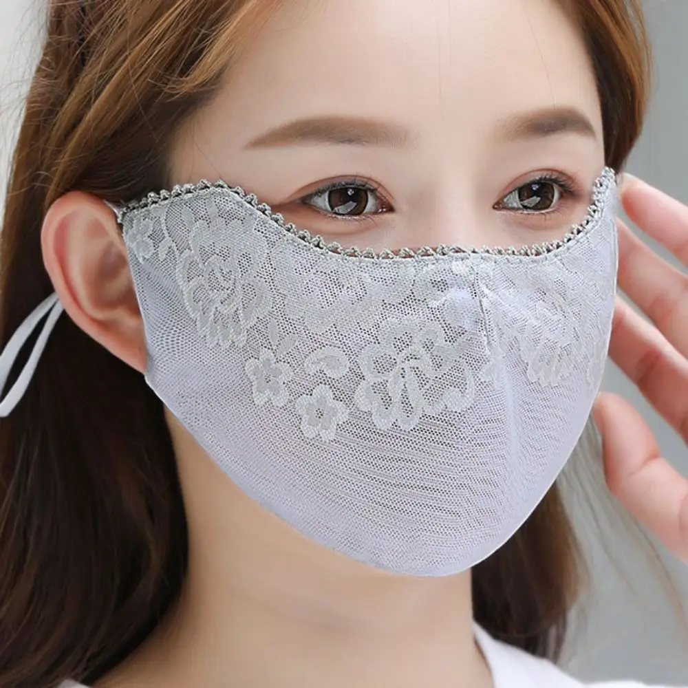 Solid Color Sunscreen Lace Mask Hanging Ear Sunshade Sunscreen Face Cover Flower Adjustable Strap UV Protection Mask Hiking