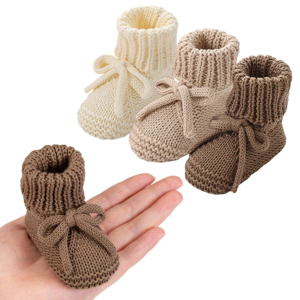

0-12M Ins Korean Khaki Knitted Hairbows Baby Boys Socks Handmade Crochet Ankle Sock Infant Solid Fall Winter Footwear Stockings