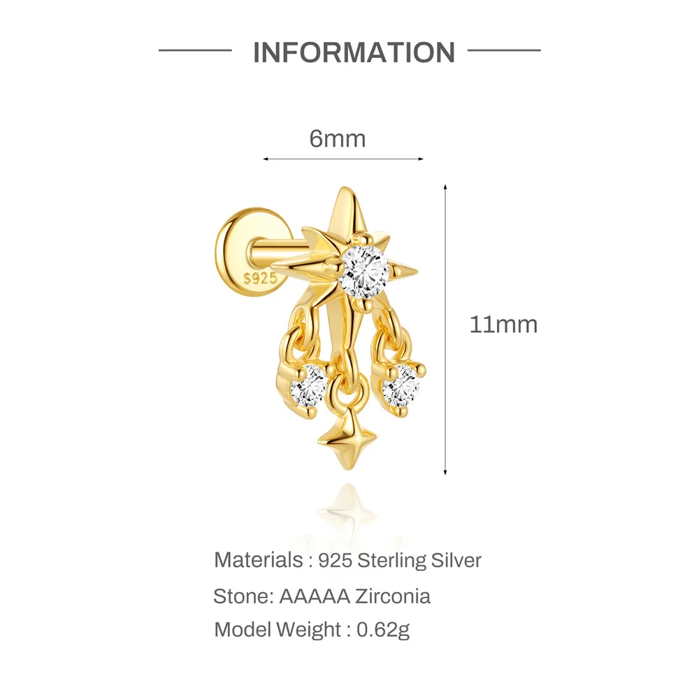 AIDE 925 Sterling Silber Kite Stone Zirkon Flachkopf-Innengewinde-Piercing für Damen, Sternkette, Quasten-Accessoires, Schmuck – Detail 39