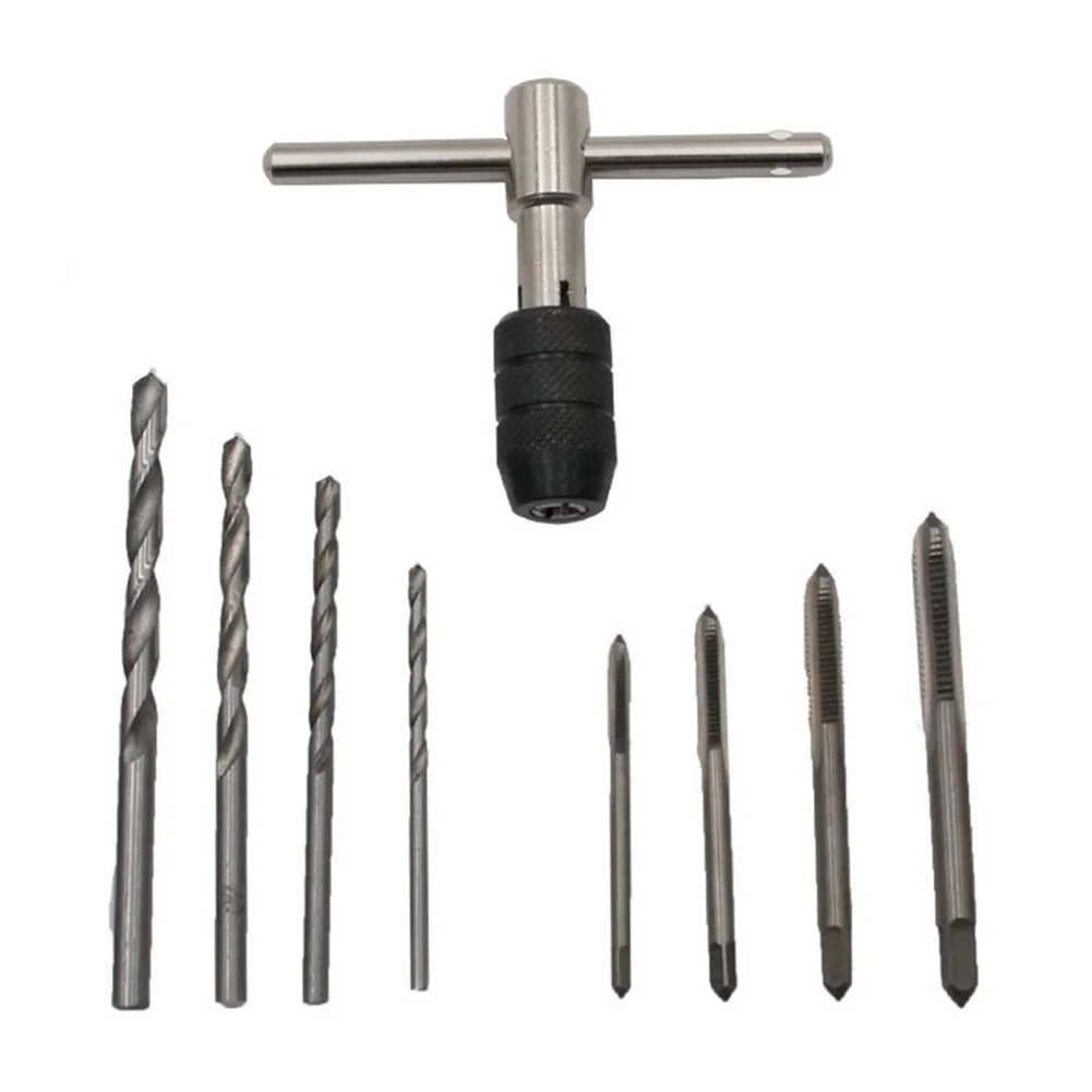 Adjustable T-Handle Tap Wrench 9pcs Set M5 M6 with 4 Metric Screw Taps and 4 Drill Bits for Precision Threading Work view 4