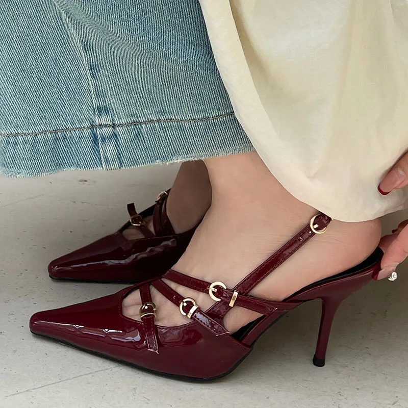 Wine Red Footwear Ladies High Heels Sandals Shoes Female New 2024 Fashion Metal Buckle Pumps Women Thin Heels Shoes Big Size