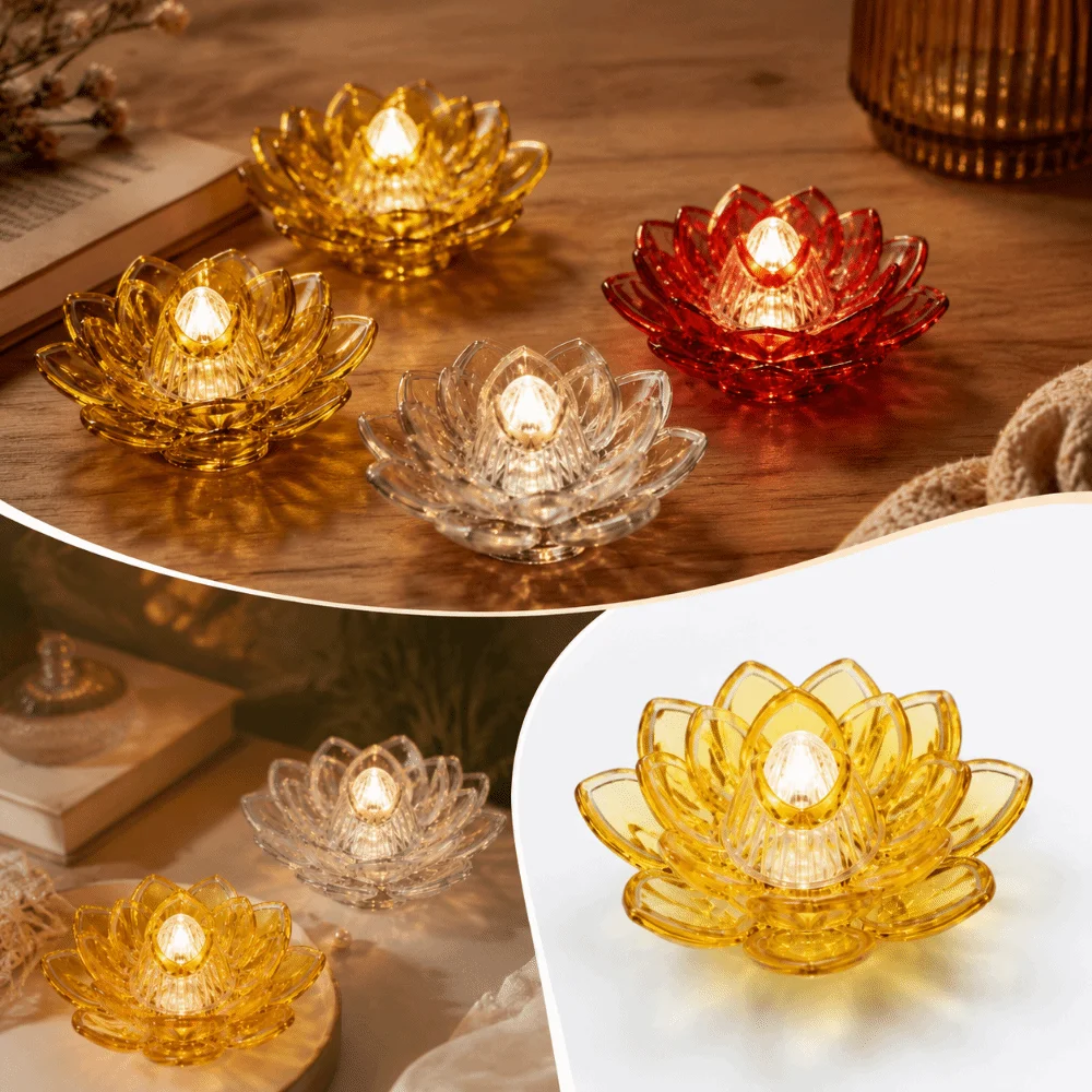 Realistic Flicker LED Flameless Candle Lotus Outline Design Button Battery Powered LED Lotus Lamp Portable Size