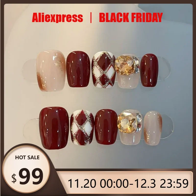 

10Pcs Burgundy Handmade Press on Nails Checkered Design with Diamond Full Cover Acrylic Nail Tips for Women and Girls Dropship