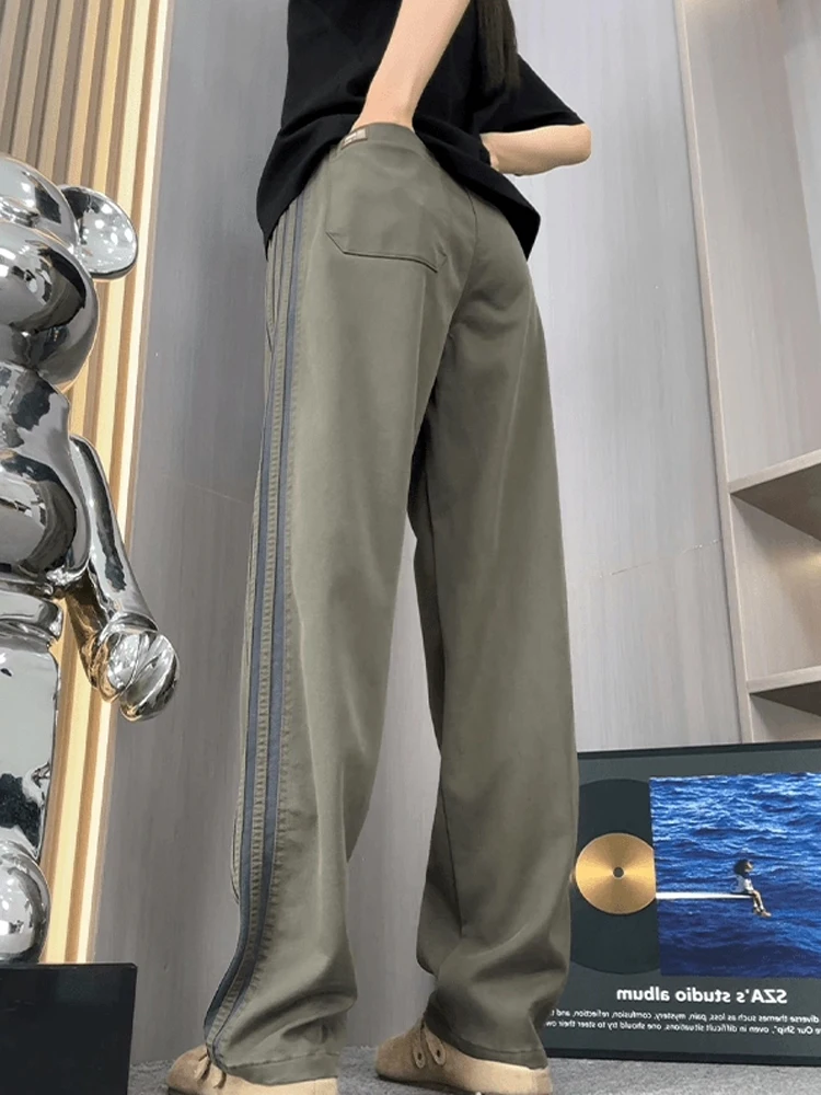 루즈핏 아메리칸 스트라이프 캐주얼 팬츠 남성용 밀리터리 스트레이트 레그 워크웨어 바지 드레이피 스포츠 롱 팬츠