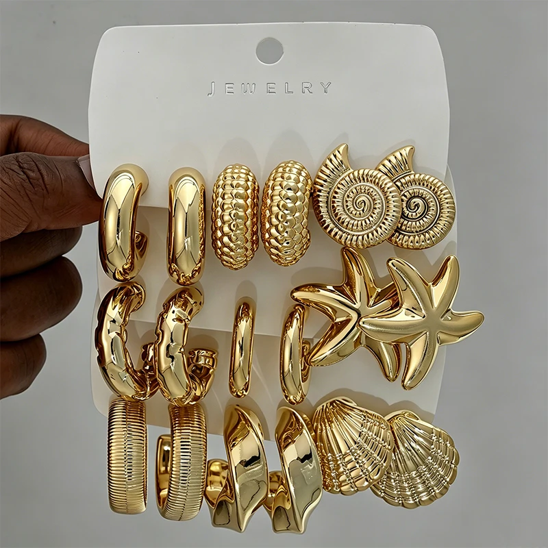 18-teiliges Vintage Vergoldetes Ozean-Ohrring-Set mit Seestern-, Muschel- und Schneckenmotiven für Damen – Sommer-Strand-Modeschmuck