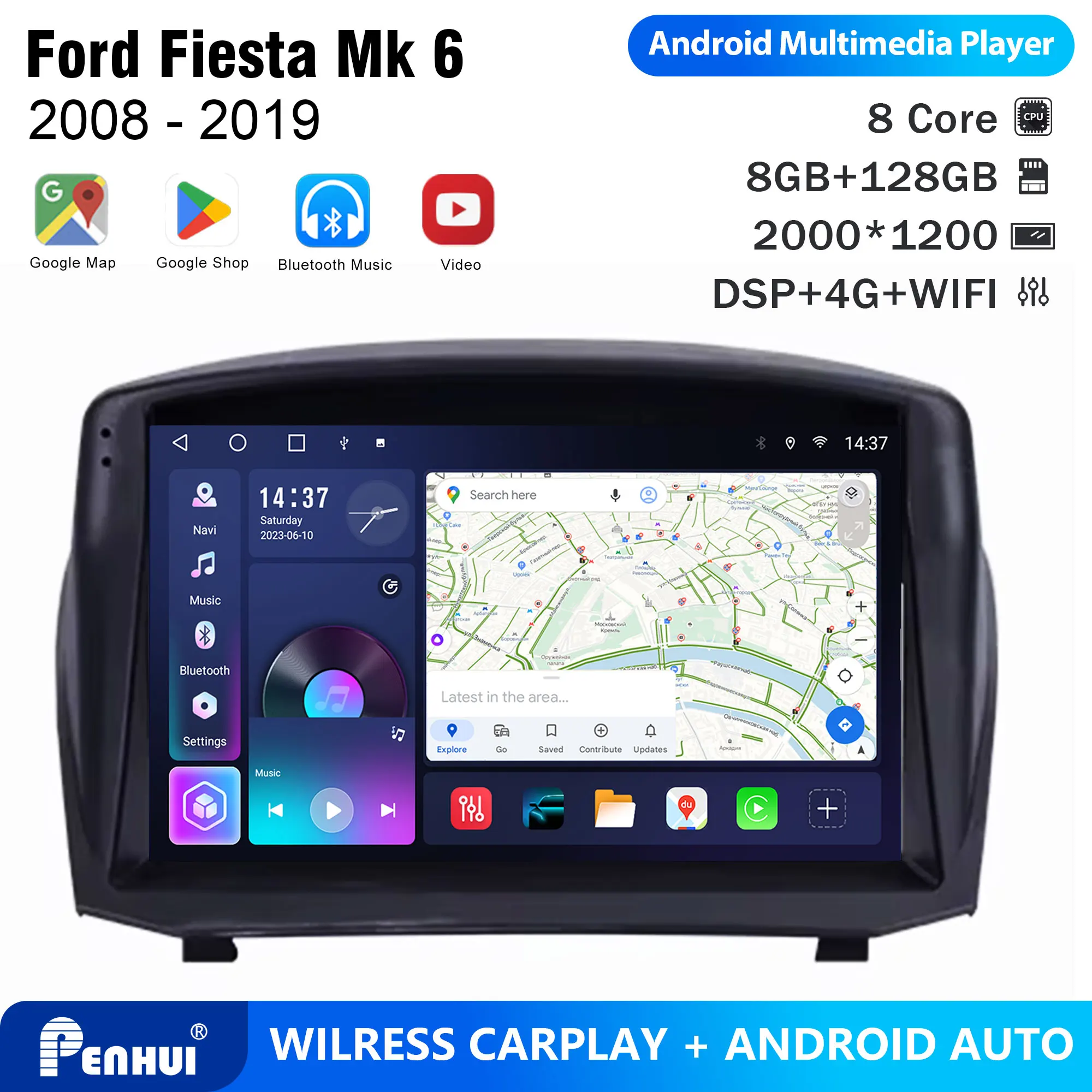 Penhui For Ford Fiesta Mk 6 2008 - 2019 Android Car DVD Player 2Din 9'' Touchscreen DSP Bluetooth Video Radio Multimedia System