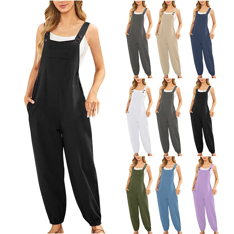 

New Casual Cotton Lin Dungarees with kets Cross-Border Women's One-Piece Pants Comfortable mid Waist Long Pants