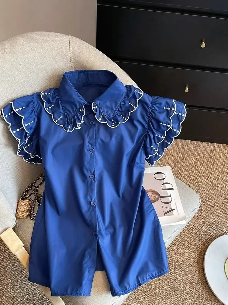 Azul voando manga camisa feminina verão novo vintage doce peter pan colarinho único breasted blusas topos 2025 verão novo