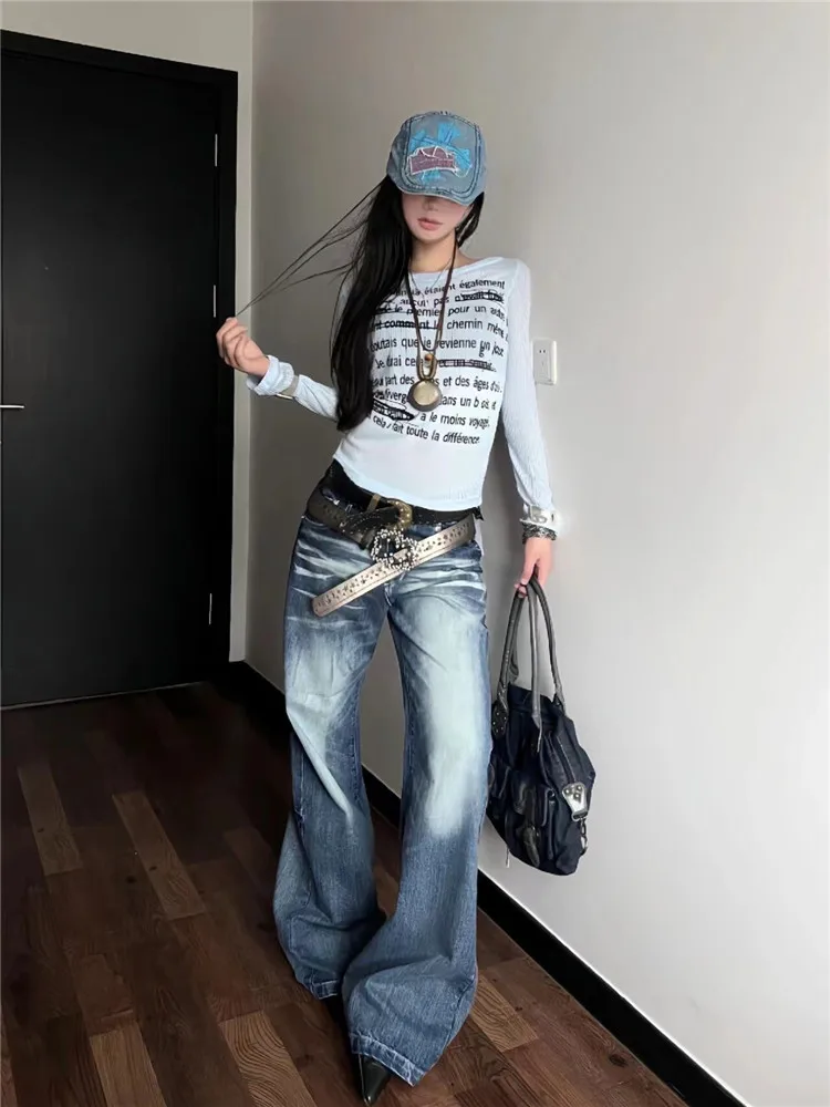 

American Retro Blue Wide Leg Micro Flared Denim Jeans Women Loose Slimming Spring Autumn Tall Extended Low Waist Floor-Length...