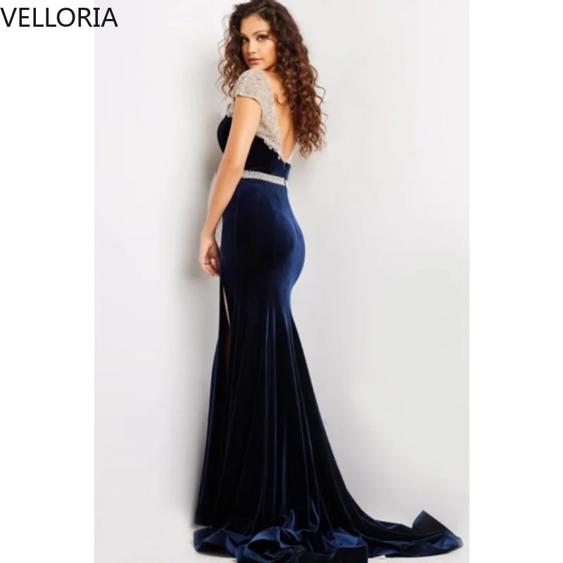 فستان سهرة نسائي مخملي باللون الأزرق الداكن مثير بفتحة رقبة على شكل حرف V مناسبة رسمية فستان فاخر من حجر الراين الكريستالي للحفلات حسب الطلب #4