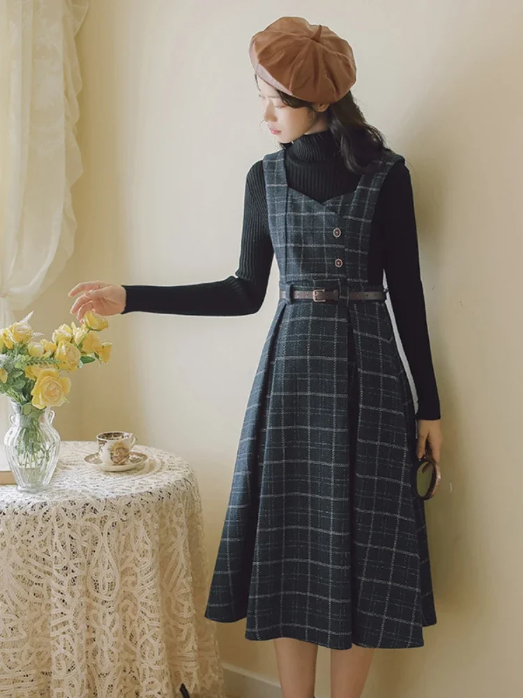 2024 Vintage Korean Two Piece Set Dress Women Autumn Winter Plaid Woolen Spaghetti Strap Dress With Belt Long Sundress Vestidos