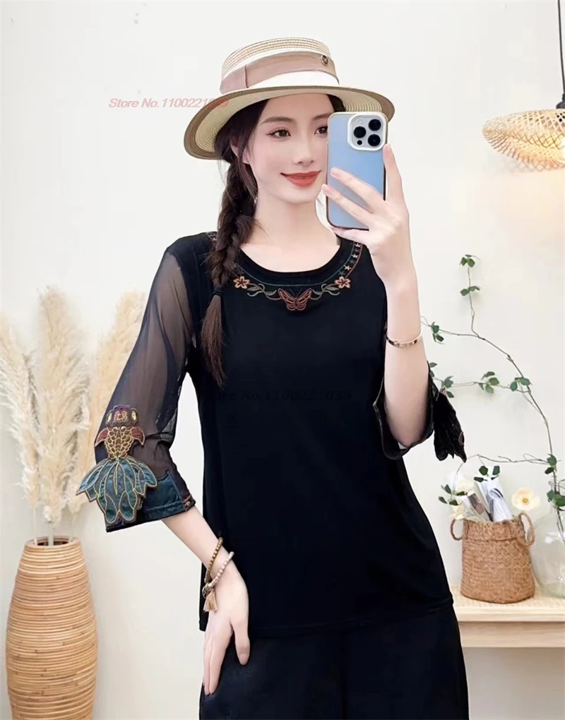 

2024 traditional chinese vintage mesh sleeve shirt national flower embroidery o-neck t-shirt chinese base shirt retro streetwear