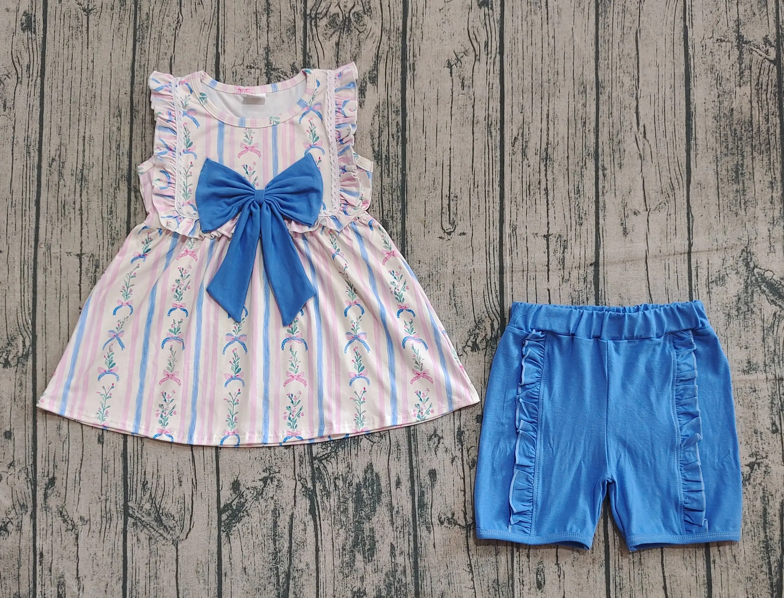 

Wholesale Baby Girl Set Toddler Floral Bows Tunic Kids Blue Ruffle Cotton Shorts Children Infant Outfit Girls Summer Clothes