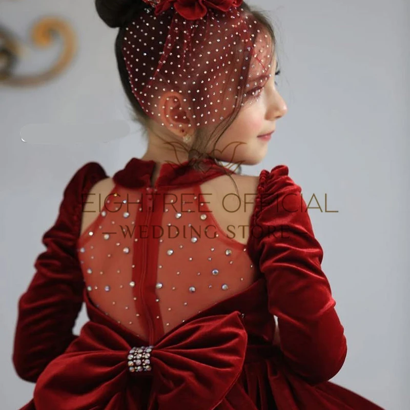 Sukienki dla dziewczynek Eightree 2025, tiulowe, z koralikami, aksamitne, z długim rękawem, na wesele, urodziny, komunię, szyte na miarę.