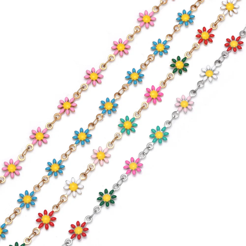 1/10 Meter Edelstahl-Emaille-Kette mit niedlichen Gänseblümchen, vergoldete Gliederkette für DIY-Armbänder, Halsketten und Schmuckzubehör für Frauen – Detail 2