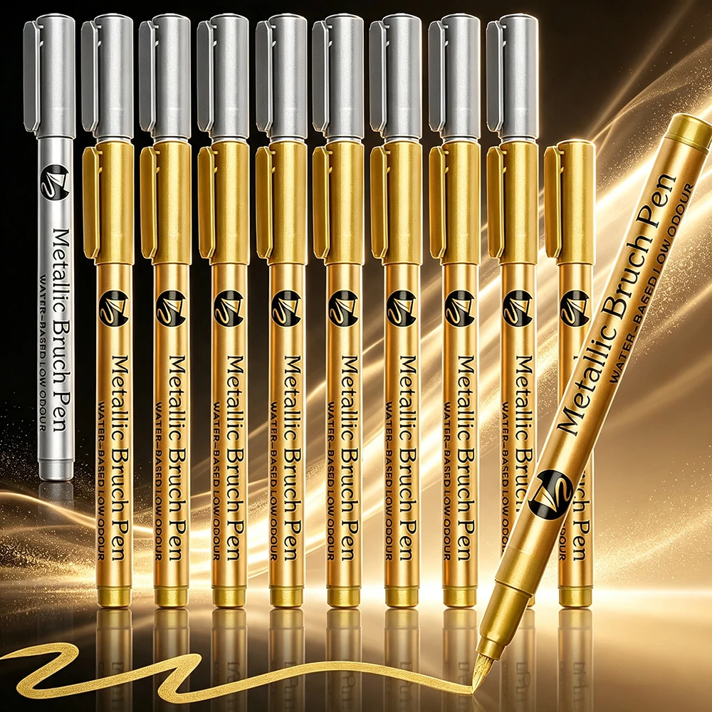 2/4/6 Pcs Gold Silver Brush Tip Metallic Permanent Marker Pens Manga Sketch Scrapbooking DIY Handcraft Art Stationery Supplies
