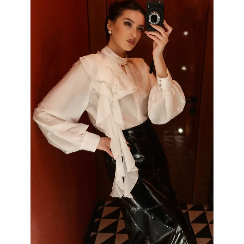 

Элегантная женская блузка с высоким воротником и оборками, однотонная, с длинными рукавами, плиссированная, свободного кроя, из шифона, 2026, для офиса и повседневной носки
