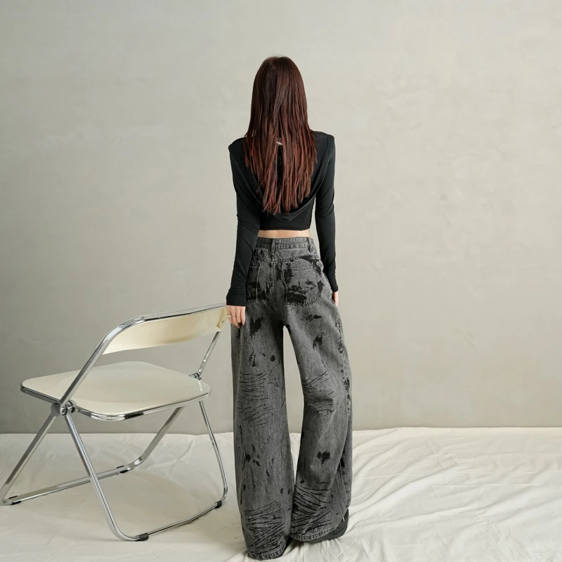 Blackgrey Tie-dye Retro Jeans Y2k Streetwear Casual Loose Vintage Straight Jeans Femme Dazan2025 High Waisted Denim Trousers