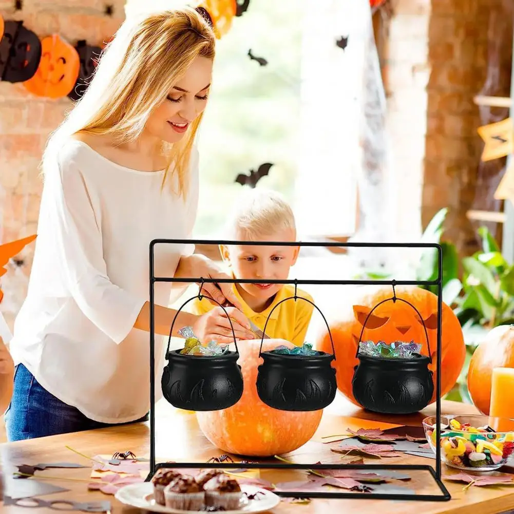 Halloween Table Decor Halloween Candy Bowl Set with Iron Rack Witch Cauldron Treat Bowls Black Plastic Candy Bucket for Indoor