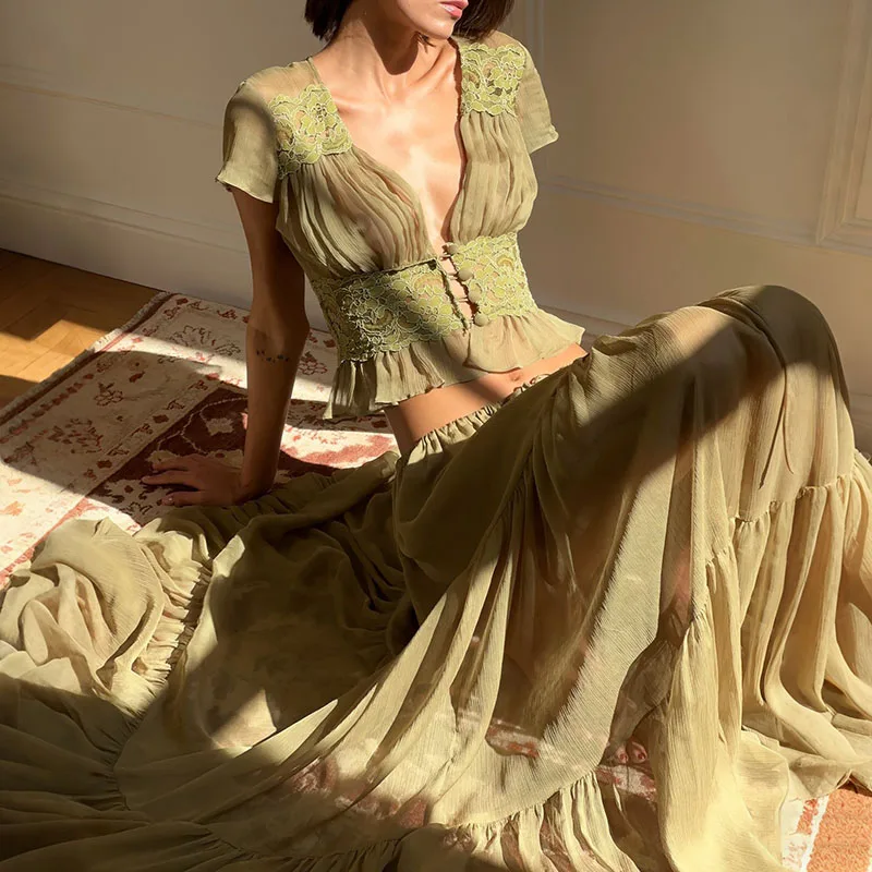 Elegantes V-Ausschnitt-Oberteil & Langer Rock Sommer-Set Modisches Mesh-Outfit mit Hoher Taille Einfarbiges Urlaubsoutfit Lässiger Kurzarm-Damen-Partyanzug