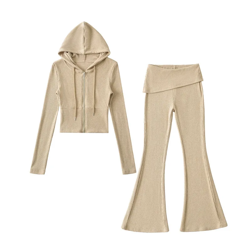 Set sexy europeo e americano in due pezzi con cappuccio a maniche lunghe cardigan slim fit pantaloni con risvolto a vita bassa moda femminile