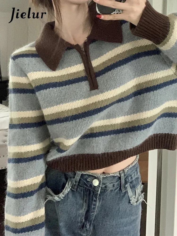 

Autumn New Vintage Knitted Pullovers Woman Loose Slim Contrast Color Striped Pullovers Women Blue Korean Casual Pullovers