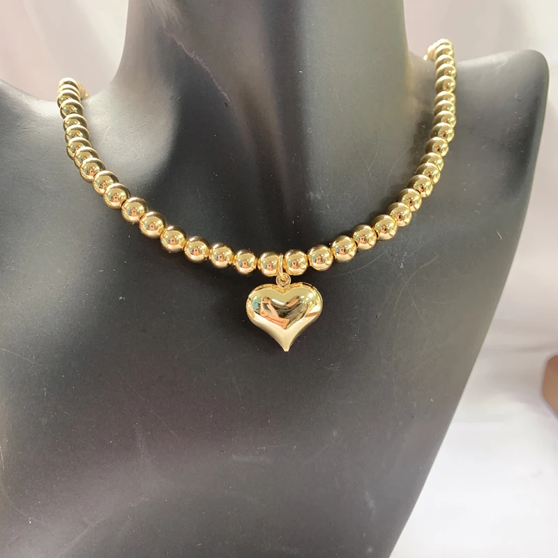 Lover Gift Heart Pendant Jewelry Sets With Necklace Bracelet Gold Plated Brass Big Gold Ball Bead Chain Jewelry Set For Women