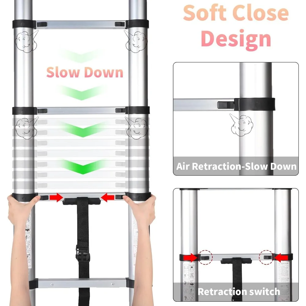 سلم تمديد تلسكوبي من الألومنيوم بطول 12.5 قدم - تصميم إغلاق ناعم للاستخدام المنزلي والمتعدد الأغراض