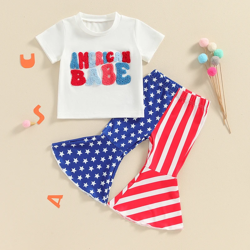 

Baby Girl 4th Of July Outfits Short Sleeve American Baby T-Shirt Stars Stripes Bell Bottoms Toddler Summer Clothes