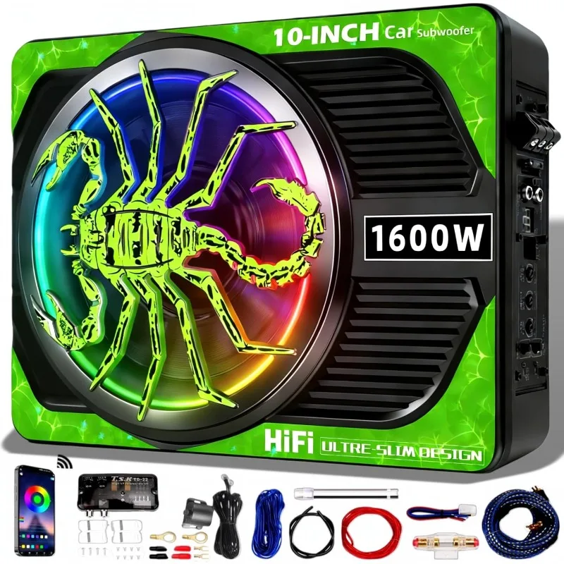 10 Inch Slim Under Seat Car Subwoofer 1600W High Power LED Ambient Lights Low Profile Bass Sub for Car Audio Individual Controls