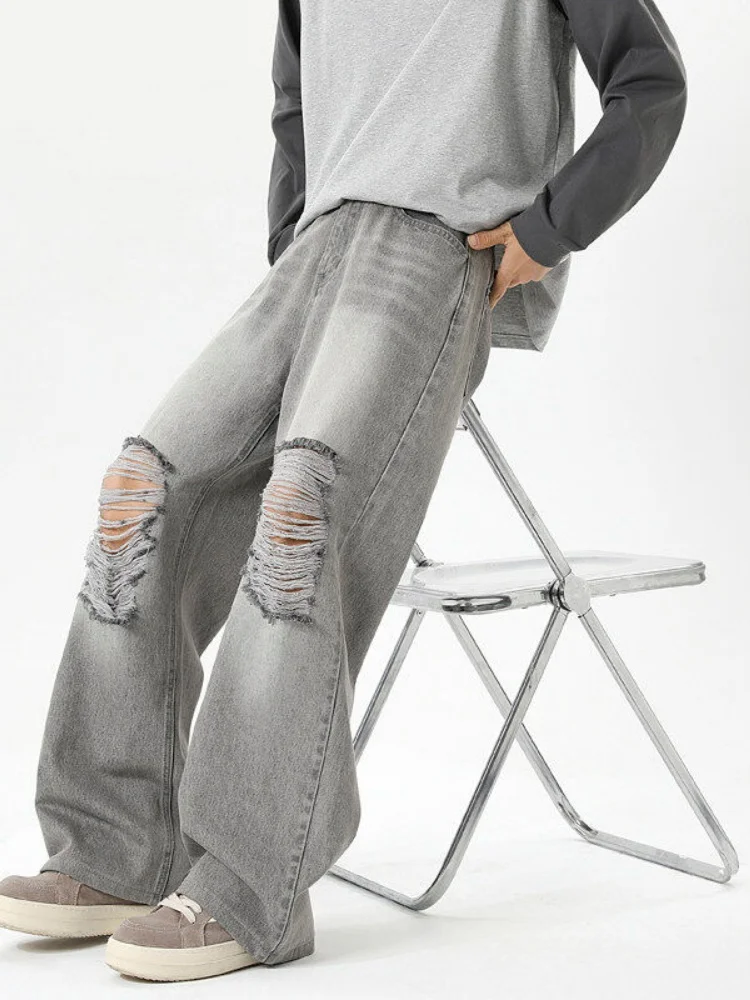 

American High Street Loose Jeans Men's Spring Autumn Casual High Waist Wide Leg Pants Straight Cut Long Trousers