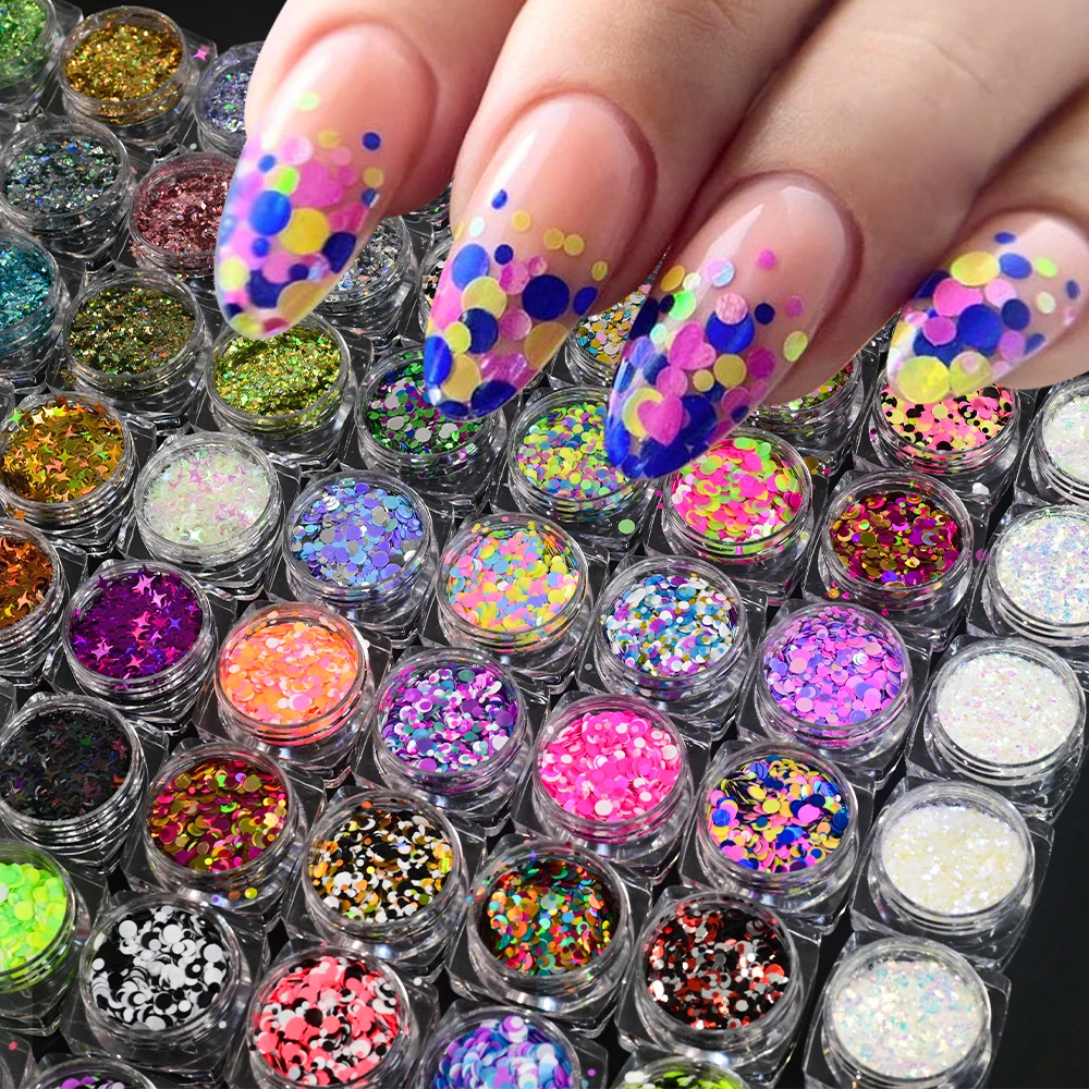 12 słoików / zestaw Aurora Foil Nail Art Sequins 12 Colors Sparkly Mixed Color Nail Art Sticker Foils Laser Nail Charm Glitter Accessorie