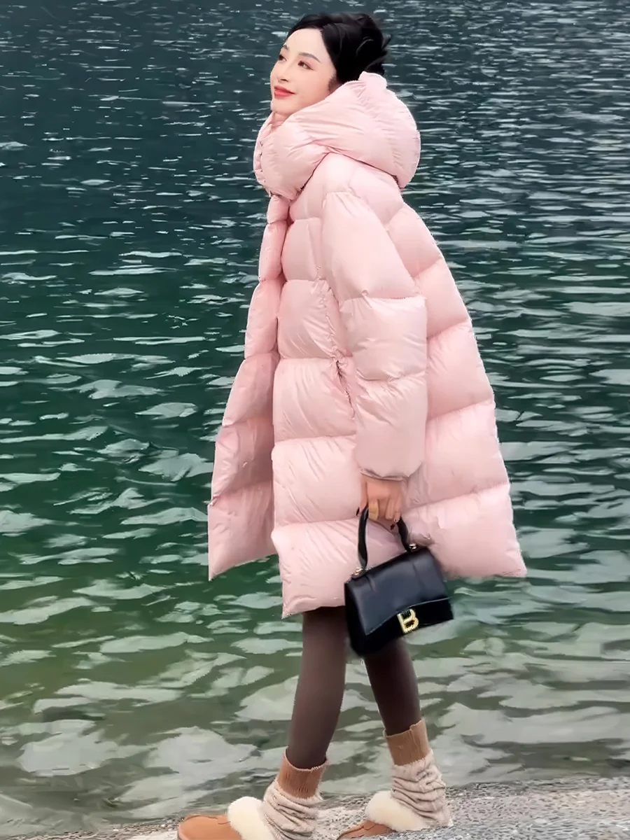 Pink Hooded Mid-Length Puffer Jaet Women's Winter 2025 90 White Du down Loose Thiened Warm Bread Sle Casual Faion