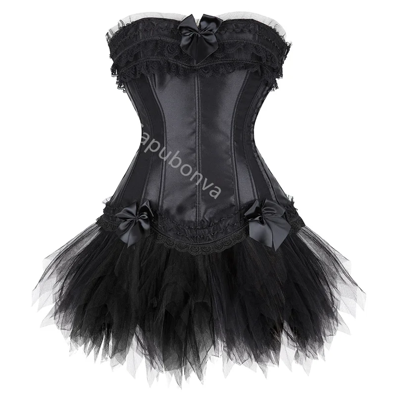 Sapubonva Black Corset Dress Plus Size Sexy Overbust Bustier Tutu Skirt Victorian Burlesque Gothic Exotic Lingerie Halloween