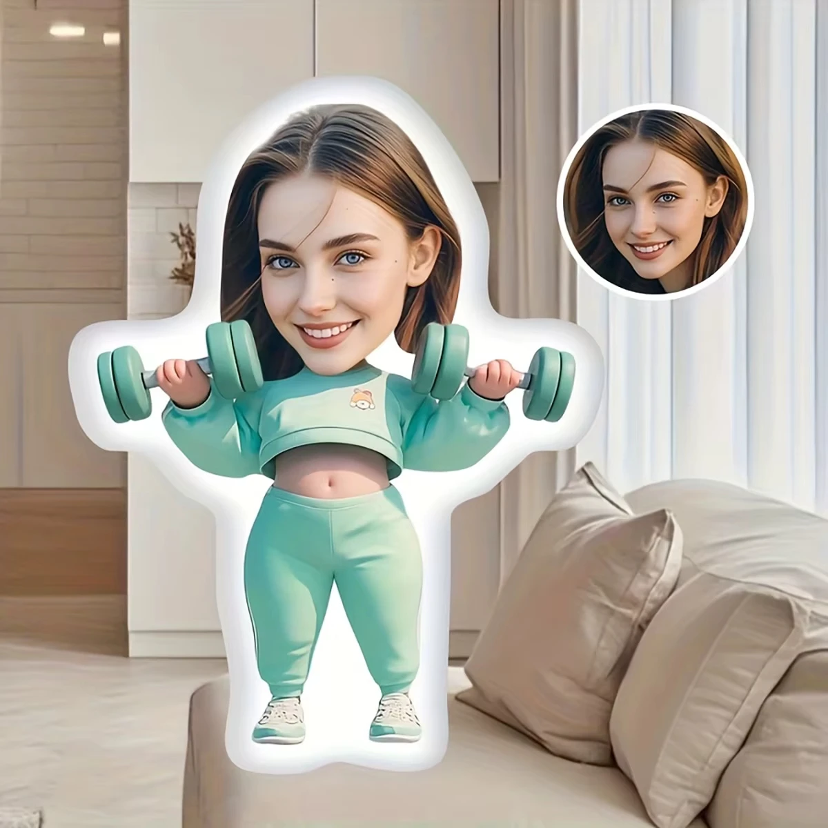 2D Custom Face Shaped Pillow Personalized Photo DIY Head Area Print Fitness Girl Lifting Dumbbells Plush Cushion Unique Gym Gift
