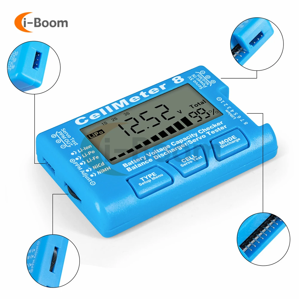 RC CellMeter 7 8 1-8S LCD Digital Battery Capacity Tester voltage meter for LiPo li-lon NiMH Ni-Cd Li-Fe lithium iron battery