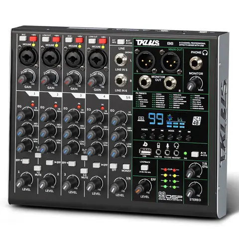 6 Channel Audio Mixer TKLBLS B6 Digital Bluetooth USB Interface DJ Mixer with 99 DSP Effects 48V Phantom Power for Live Vlog