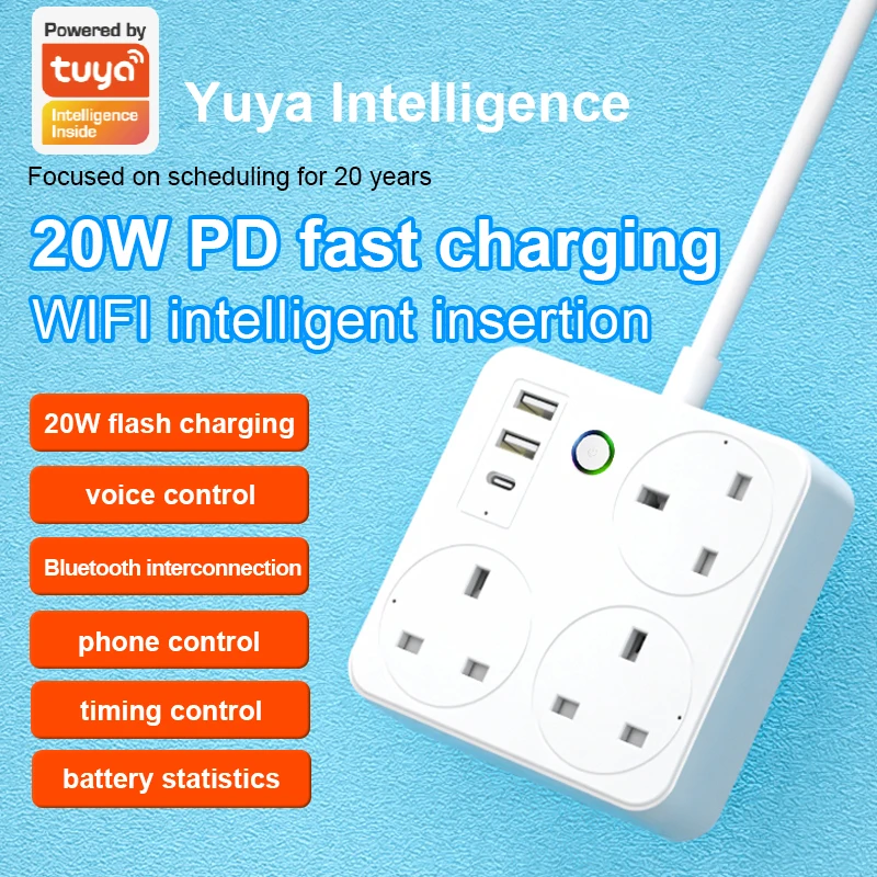 

Tuya Smart WiFi Plug 20W PD Fast Charging Timer Switch Multi-Control Power Strip UK Socket Extension Adapter USB Port