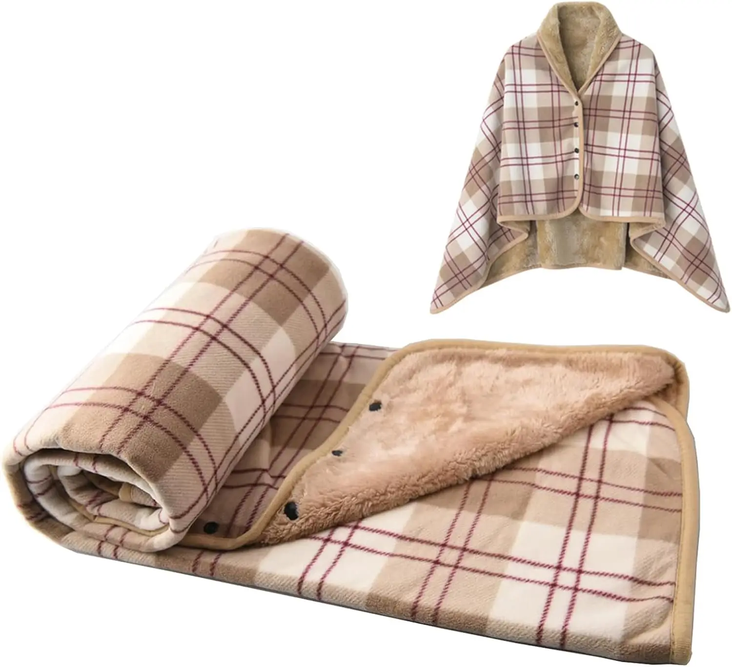 

Fleece Wearable Blanket Plaid Lap Blanket Comfy Poncho Throw with Buttons for Bed Sofa Office Brown-White