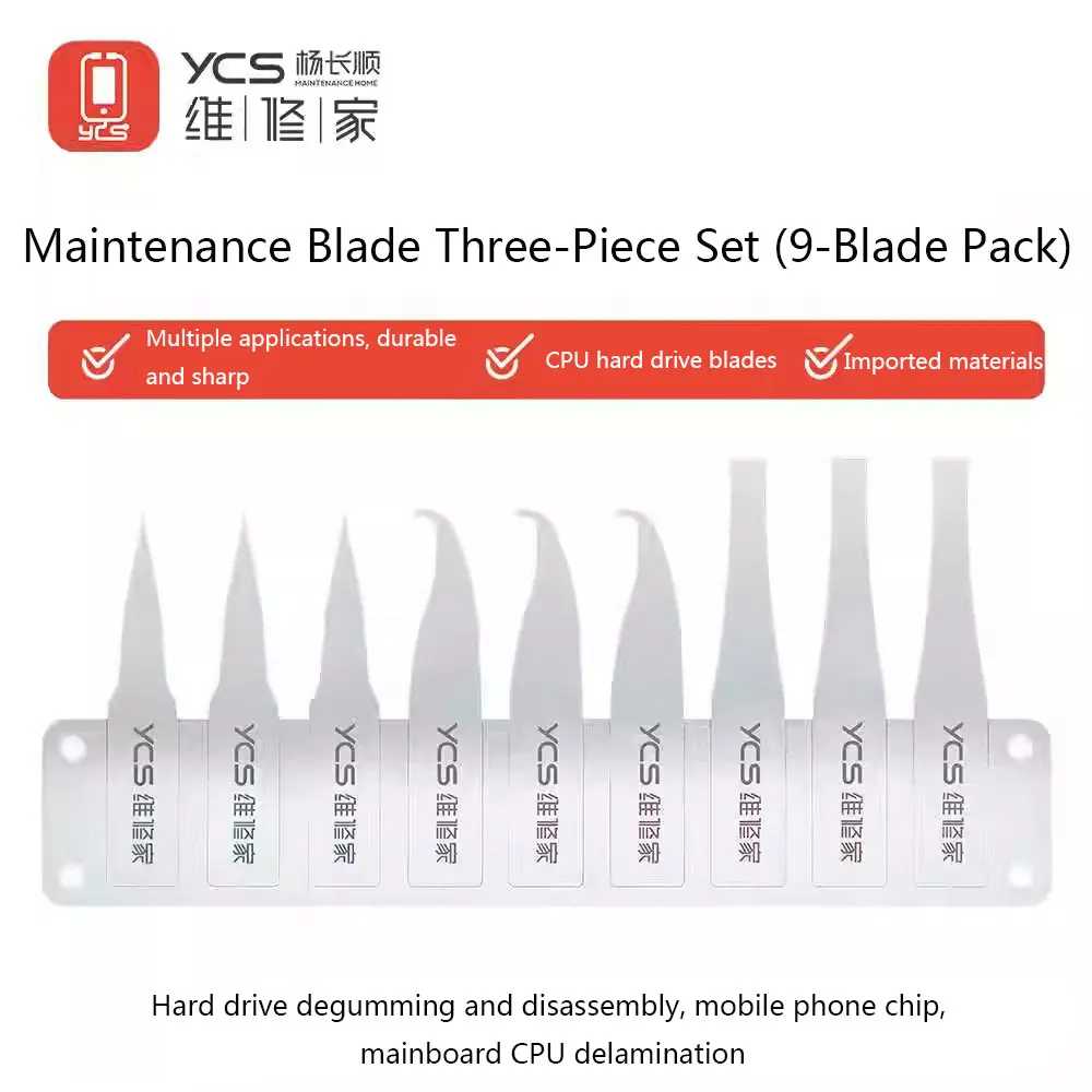 

YCS 3-in-1 Blade Set (9pcs) for CPU/Phone Repair - Stainless Steel Scraper, Flat/Hook/Pointed Tips - Electronics Removal Tool