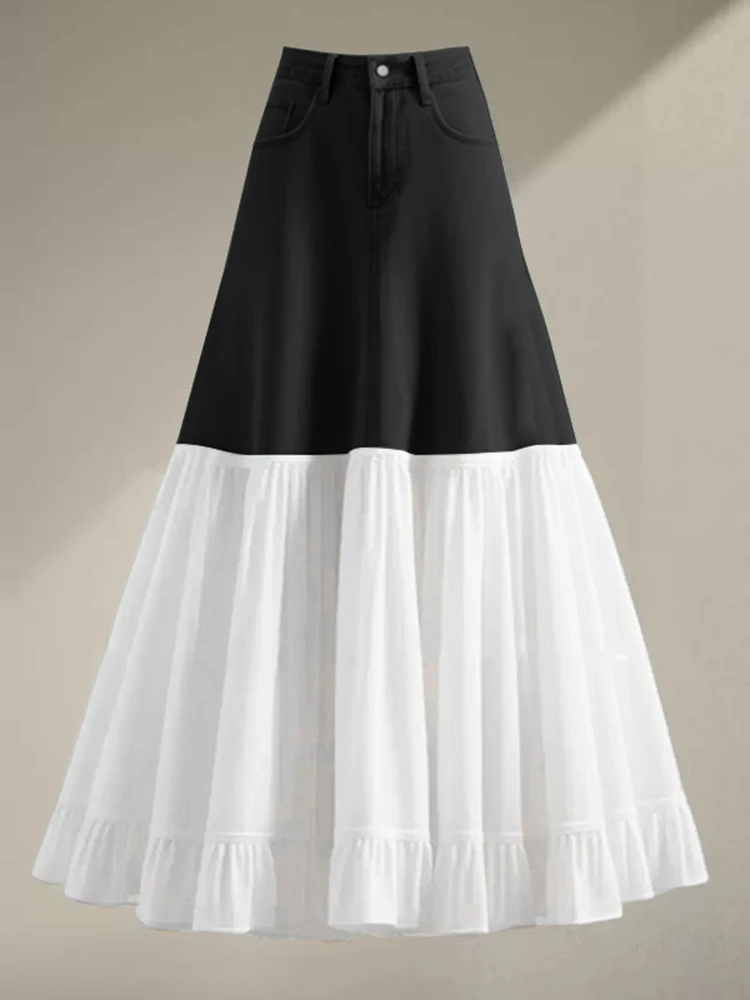 Casual French Skirt High Waist Denim Patchwork Skirts VONDA 2025 Elegant Office Lady A-line Bottoms Oversized Ankle-Length Skirt