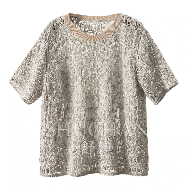 

Mohair Blend Round Neck Hollow Knitted Sweater Half Sleeve Women's 20E0 Sueter Mujer Invierno