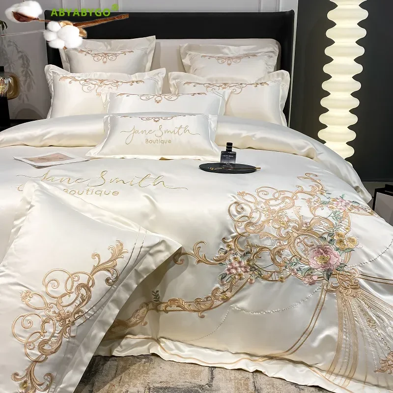 Royal Golden Embroidery European Palace Bedding Set Luxury Pearl White Soft Satin Cotton Duvet Cover Flat Bed Sheets Pillowcases