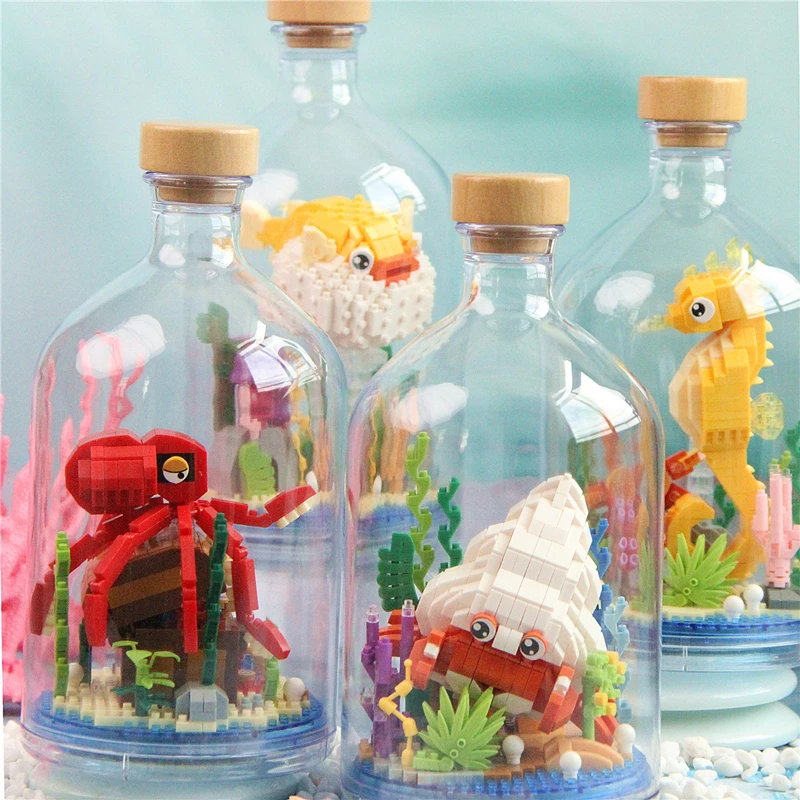 New Product Simulation Animal Series Creative Children\'s Toys Bottled Building Blocks Flamingo Seahorse Educational Gift Model